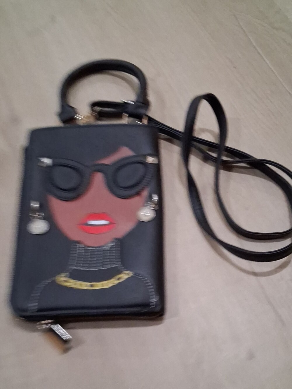 Black Crossbody Phone Bag with Fashion Face Applique